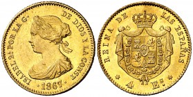 1867/6. Isabel II. Madrid. 4 escudos. (Cal. 110). 3,38 g. Bella. Brillo original. EBC+.
