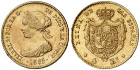1865. Isabel II. Sevilla. 4 escudos. (Cal. 115). 3,33 g. Insignificantes rayitas. Bella. Brillo original. Ex Áureo & Calicó 17/12/2008, nº 872. Rara y...