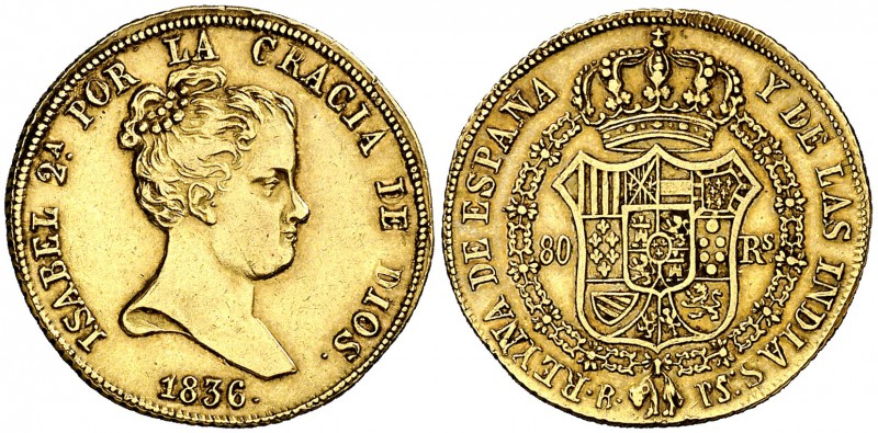 1836. Isabel II. Barcelona. PS. 80 reales. (Cal. 50). 6,75 g. Atractiva. Rara. E...
