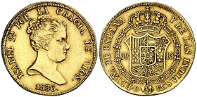 1836. Isabel II. Barcelona. PS. 80 reales. (Cal. 50). 6,75 g. Atractiva. Rara. EBC-/EBC.