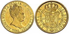 1838. Isabel II. Barcelona. PS. 80 reales. (Cal. 53). 6,73 g. ...Y LA CONST. Bella. Brillo original. Escasa así. S/C-.