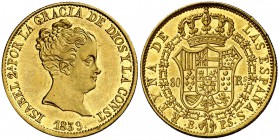 1839. Isabel II. Barcelona. PS. 80 reales. (Cal. 55). 6,72 g. Leves marquitas. Bella. Brillo original. S/C-.