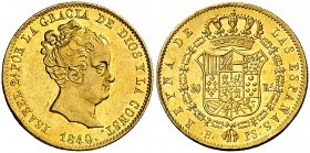 1840. Isabel II. Barcelona. PS. 80 reales. (Cal. 56). 6,75 g. Leve golpecito. Bella. Brillo original. Ex Calicó 13/06/1977, nº 55. EBC/EBC+.