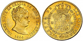1844. Isabel II. Barcelona. PS. 80 reales. (Cal. 62). 6,77 g. Muy bella. Precioso color. Rara así. EBC+.