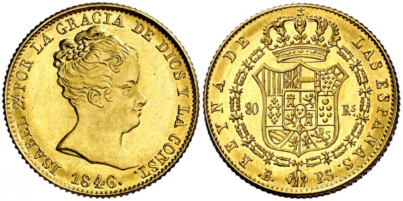 1846. Isabel II. Barcelona. PS. 80 reales. (Cal. 64). 6,76 g. Mínimas rayitas. B...