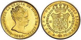 1846. Isabel II. Barcelona. PS. 80 reales. (Cal. 64). 6,76 g. Mínimas rayitas. Bella. Brillo original. Rara así. EBC+.
