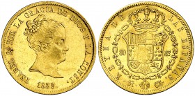 1839. Isabel II. Madrid. CL. 80 reales. (Cal. 72). 6,75 g. Bella. Ex Áureo 16/12/1996, nº 849. Rara y más así. EBC.