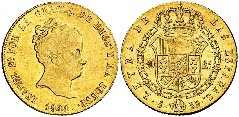 1841. Isabel II. Sevilla. RD. 80 reales. (Cal. 90). 6,70 g. Parte de brillo orig...