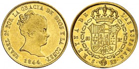1844/3. Isabel II. Sevilla. RD. 80 reales. (Cal. 94). 6,79 g. Acuñación algo floja. Bella. Brillo original. Escasa así. EBC.