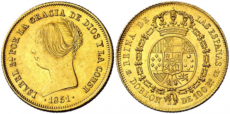 1851. Isabel II. Madrid. CL. Doblón de 100 reales. (Cal. 4). 8,14 g. Bella. Bril...