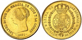 1851. Isabel II. Madrid. CL. Doblón de 100 reales. (Cal. 4). 8,14 g. Bella. Brillo original. Rara y más así. EBC.