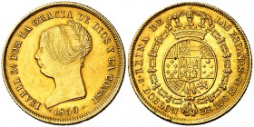 1850. Isabel II. Sevilla. RD. Doblón de 100 reales. (Cal. 5). 8,25 g. Leves marquitas. Preciosa pátina. Muy rara. MBC+/EBC-.