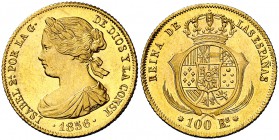 1856. Isabel II. Barcelona. 100 reales. (Cal. 9). 8,28 g. Bella. Brillo original. Muy rara así. S/C.