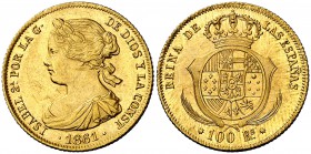 1861. Isabel II. Barcelona. 100 reales. (Cal. 14). 8,36 g. Bella. Brillo original. Ex Áureo 03/03/1999, nº 1777. Rara y más en esta conservación. EBC+...