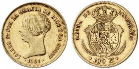 1851. Isabel II. Madrid. 100 reales. (Cal. 16). 8,19 g. Ex Áureo Selección 2007, nº 429. Rarísima y más así. MBC+/EBC-.