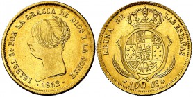 1852. Isabel II. Madrid. 100 reales. (Cal. 17). 8,20 g. Bella. Parte de brillo original. Ex Áureo 24/10/2000, nº 1127. Extraordinariamente rara. EBC-/...
