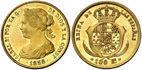 1858. Isabel II. Madrid. 100 reales. (Cal. 23). 8,32 g. Bella. Brillo original. Escasa y más así. EBC+.