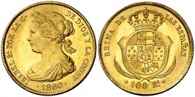 1860. Isabel II. Madrid. 100 reales. (Cal. 25). 8,41 g. Bella. Brillo original. Escasa así. S/C-.
