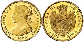 1864. Isabel II. Madrid. 100 reales. (Cal. 29). 8,37 g. Bella. Brillo original. Escasa así. S/C.