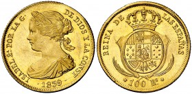 1859. Isabel II. Sevilla. 100 reales. (Cal. 37). 8,37 g. Mínimas rayitas de acuñación. Bella. Brillo original. Escasa así. S/C-.