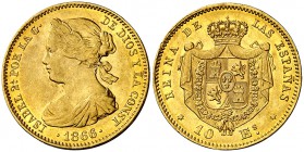 1866/5. Isabel II. Sevilla. 10 escudos. (Cal. 49). 8,36 g. Parte de brillo original. Ex Colección O'Donnell Áureo 19/11/2003, nº 499. Extraordinariame...
