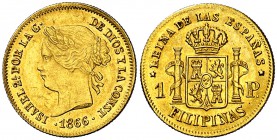 1866. Isabel II. Manila. 1 peso. (Cal. 148). 1,72 g. Bella. Brillo original. Ex Colección Bécquer Áureo 27/04/2000, nº 485. Escasa y más así. EBC+....