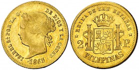 1865. Isabel II. Manila. 2 pesos. (Cal. 137). 3,42 g. Parte de brillo original. Ex Áureo 24/10/2000, nº 1170. Escasa y más así. EBC-.