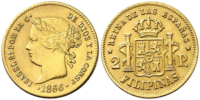 1866. Isabel II. Manila. 2 pesos. (Cal. 138). 3,35 g. Bella. Ex Colección Perman...