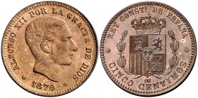 1879. Alfonso XII. Barcelona. . 5 céntimos. (Cal. 73). 5,07 g. Bella. Brillo original. Escasa así. S/C.