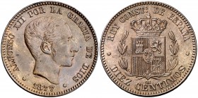 1877. Alfonso XII. Barcelona. OM. 10 céntimos. (Cal. 67). 10,11 g. Bella. EBC.