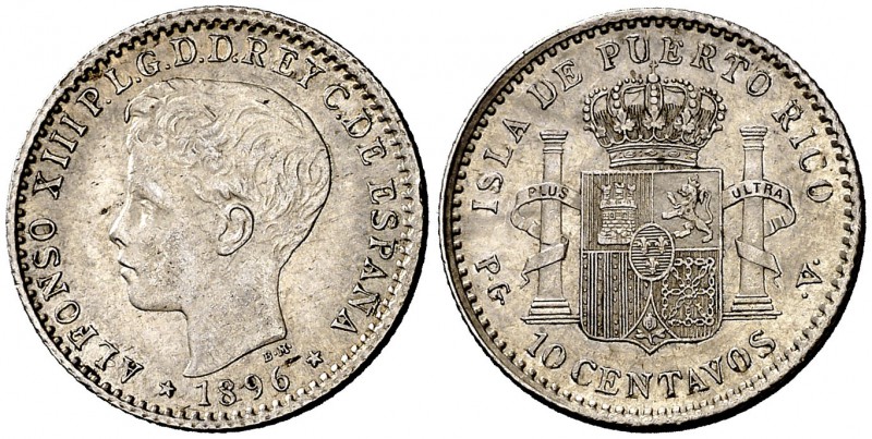 1896. Alfonso XIII. Puerto Rico. PGV. 10 centavos. (Cal. 85). 2,54 g. Escasa así...