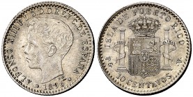 1896. Alfonso XIII. Puerto Rico. PGV. 10 centavos. (Cal. 85). 2,54 g. Escasa así. EBC.