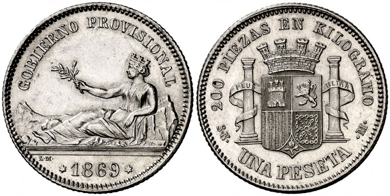 1869. Gobierno Provisional. SNM. 1 peseta. (Cal. 14). 5,04 g. Leyenda: Gobierno ...