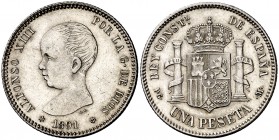 1891*1891. Alfonso XIII. PGM. 1 peseta. (Cal. 38). 5 g. Buen ejemplar. EBC.