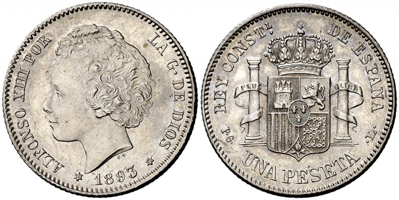 1893*1893. Alfonso XIII. PGL. 1 peseta. (Cal. 39). 5 g. Bella. Brillo original. ...