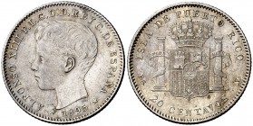 1895. Alfonso XIII. Puerto Rico. PGV. 20 céntimos. (Cal. 84). 5,01 g. Parte de brillo original. MBC+.