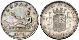 1870*1874. Gobierno Provisional. DEM. 2 pesetas. (Cal. 10). 9,87 g. Pátina. Pequeñas marquitas en reverso. EBC-.