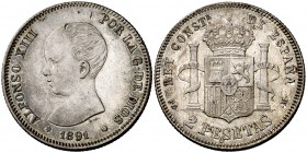 1891*1891. Alfonso XIII. PGM. 2 pesetas. (Cal. 31). 9,92 g. Golpecitos. Bonita pátina. Rara. (EBC-).