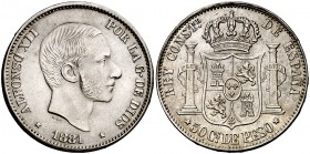 1881. Alfonso XII. Manila. 50 centavos. (Cal. 79). 12,81 g. Atractiva. Escasa así. EBC-.
