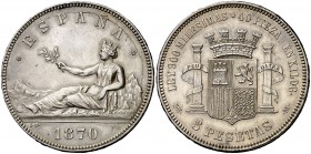 1870*1870. Gobierno Provisional. SNM. 5 pesetas. (Cal. 3). 24,99 g. Leves marquitas. Bella. Brillo original. Rara así. EBC+.