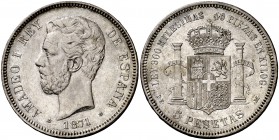 1871*1874. Amadeo I. DEM. 5 pesetas. (Cal. 10). 24,72 g. Leves sombras. MBC+/EBC-.