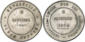 1873. Revolución Cantonal. Cartagena. 5 pesetas. (Cal. 6a). 28,88 g. No coincidente. 100 perlas en anverso y 95 en reverso. Rayita del cuño. Bella. Ra...