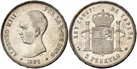 1892*1892. Alfonso XIII. PGM. 5 pesetas. (Cal. 18). 25,08 g. Tipo "pelón". EBC-.