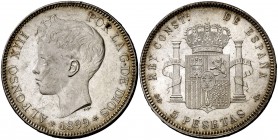 1899*1899. Alfonso XIII. SGV. 5 pesetas. (Cal. 28). 24,87 g. Leves marquitas. Bella. Brillo original. EBC+.
