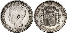 1895. Alfonso XIII. Puerto Rico. PGV. 1 peso. (Cal. 82). 24,96 g. Leves rayitas. Rara. MBC+.