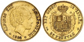 1892*1892. Alfonso XIII. PGM. 20 pesetas. (Cal. 6). 6,45 g. Rayitas. Rara. MBC/MBC+.