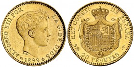 1899*1899. Alfonso XIII. SMV. 20 pesetas. (Cal. 7). 6,42 g. Golpecitos. EBC-.