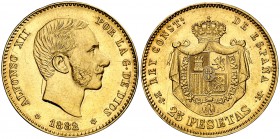 1882/1*1882/1. Alfonso XII. MSM. 25 pesetas. (Cal. 15 var). 8,05 g. Leves rayitas. Brillo original. Bella. Muy rara. EBC+.
