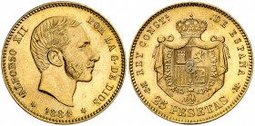 1884*1884. Alfonso XII. MSM. 25 pesetas. (Cal. 19). 8,06 g. Bella. Brillo original. Ex Áureo 26/09/2007, nº 1603. Rara así. EBC.