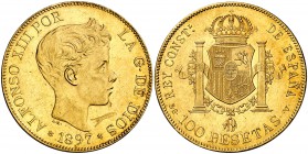1897*1897. Alfonso XIII. SGV. 100 pesetas. (Cal. 1). 32,23 g. Raya en anverso. Bella. Brillo original. Escasa. (EBC+).